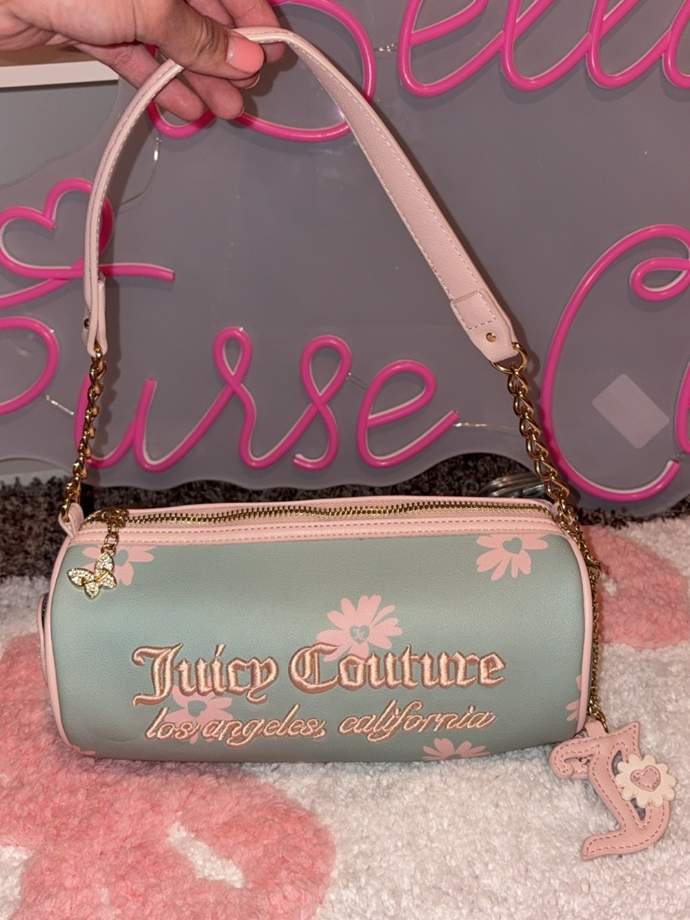 Juicy Couture Mint and Pink Floral Barrel Mini Shoulder Bag